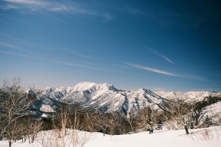Scenic view of snow-covered Japanese Alps under a clear blue sky, perfect for winter sports.
